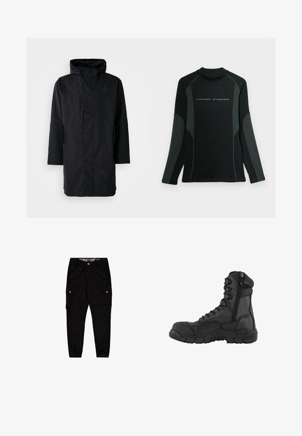Zwarte waterdichte parka met hoge kraag en verstelbare capuchon. Voorzien van een rits aan de voorkant, lange mouwen en twee zijzakken. Minimalistisch ontwerp.; Zwarte shirt met lange mouwen en hoge kraag, gemaakt van textuurstof. Heeft grijze zijpanelen en het "NIKE TECH" logo op de borst.; Zwarte cargobroek van katoen, met meerdere zakken, een aansluitend ontwerp en elastische manchetten bij de enkels.; Zwarte tactische laars met een hoge enkeldesign, leren bovenkant, voorbescherming met veters, zijrits, versterkte neus en robuuste rubberen zool.