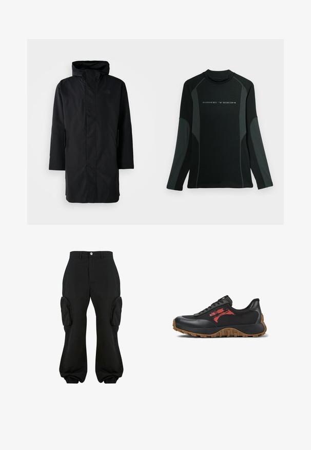 Parka negra impermeable con cuello alto y capucha ajustable. Cuenta con un cierre frontal, mangas largas y dos bolsillos laterales. Diseño minimalista.; Camisa negra de manga larga con cuello alto, hecha de una tela texturizada. Presenta paneles laterales grises y el logo "NIKE TECH" en el pecho.; Pantalones cargo negros con un corte relajado, que cuentan con dos bolsillos laterales, puños elásticos en los tobillos y un cierre de botón en la cintura.; Zapatilla deportiva negra con una parte superior texturizada, acento gráfico rojo y una suela de goma gruesa con un patrón de tracción agresivo.