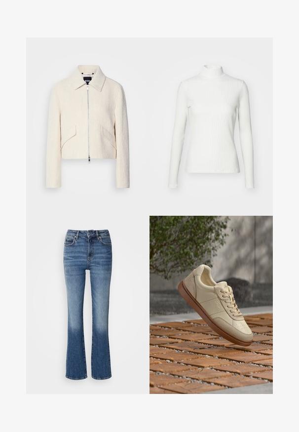 Veste courte en tissu texturé blanc cassé, avec col montant et poches latérales, fermeture éclair à l'avant et quincaillerie minimaliste.; Haut col roulé blanc à côtes avec des manches longues, fabriqué en tissu extensible. Présente un design ajusté et un encolure haute pour plus de couverture.; Jean flare en denim avec un dégradé de bleu clair à foncé, taille haute, cinq poches et un léger délavage sur le bas des jambes.; Baskets en cuir beige avec semelle marron flottant au-dessus d'une surface extérieure carrelée avec quelques petites pierres dispersées et du feuillage vert en arrière-plan.