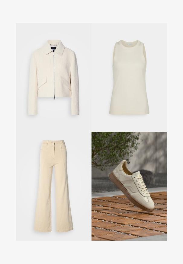 Lyhytnuttua off-white tekstuurilla varustetusta kankaasta, jossa on pystykaulus ja sivutaskut, edessä vetoketjukiinnitys ja minimaalista metallia.; IVY OAK KLARA ANN - Toppi - almond milk; Beige levelehäntäiset farkut korkealla vyötäröllä, etutaskuilla ja kontrastivärisillä ompeleilla, joissa on napitus ja sileä puuvillakangas.; Kermanvärinen tennari, jossa on teksturoitu beige kumipohja, nauhoitettu malli ja hillitty sivumerkintä. Sileä nahkainen päällinen.