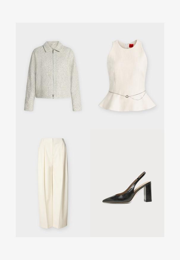 Veste zippée gris clair texturée avec manches longues et col plat, présentée sur un fond blanc uni.; Haut péplum blanc texturé sans manches avec une fine ceinture chaîne argentée à boucle ronde à la taille, présenté sur un fond uni.; Pantalon crème à taille haute et jambes larges avec plis devant, fermeture éclair avant dissimulée et passants pour ceinture.; Chaussure slingback en cuir noir à bout pointu avec un talon bloc haut et une doublure intérieure beige sur un fond clair uni.