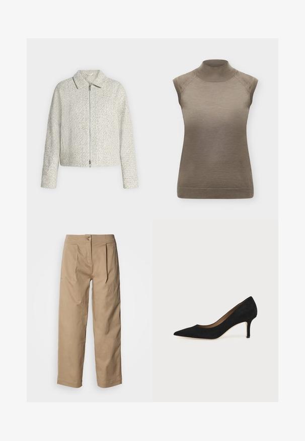 Veste zippée gris clair texturée avec manches longues et col plat, présentée sur un fond blanc uni.; Haut sans manches en maille taupe avec un col montant et des bords côtelés aux manches et à l'ourlet, présenté sur un fond uni.; Pantalon beige taille haute avec jambes droites, détails plissés et fermeture à bouton. Fabriqué en tissu de coton léger avec une texture lisse.; Escarpin en daim noir à bout pointu avec un talon stiletto fin de hauteur moyenne et un design à coupe basse sur un fond uni.