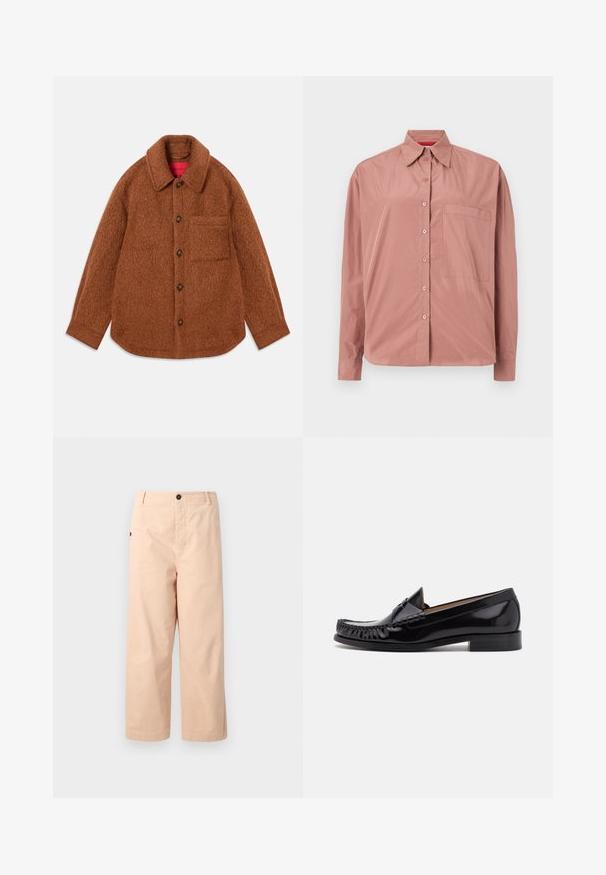 Veste-shirt en laine marron avec une finition texturée, un col et des fermetures à bouton. Dotée d'une poche poitrine simple sur la gauche.; Chemise à manches longues boutonnée en rose poussiéreux, en tissu lisse. Présente une poche poitrine et un col structuré. Boutons assortis en couleur.; Pantalons en coton beige coupe courte avec une coupe droite, dotés d'un bouton unique à la taille et de poches latérales. Texture lisse sans motifs.; Mocassin en cuir noir avec une finition brillante, présentant des franges à l'avant et un petit talon empilé.