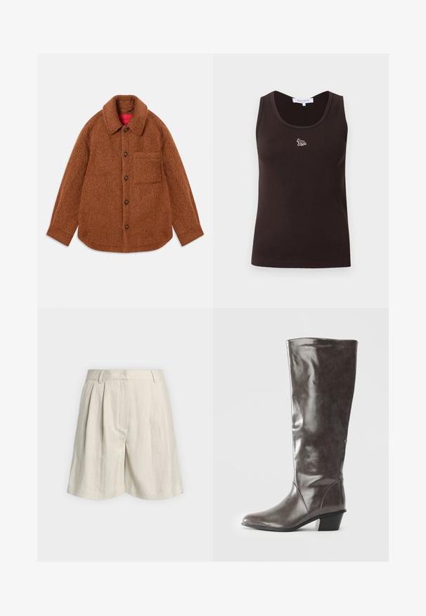 Veste-shirt en laine marron avec une finition texturée, un col et des fermetures à bouton. Dotée d'une poche poitrine simple sur la gauche.; Débardeur sans manches à côtes de couleur marron foncé avec un petit logo de renard blanc centré sous l'encolure, étiquette de taille visible à l'intérieur du col.; Short beige taille haute avec passants de ceinture, plis devant et coupe large aux jambes, présenté sur un fond clair uni.; Bottine en cuir gris foncé pour femmes grandes, avec un talon moyen et un bout arrondi, vue de côté sur fond blanc.