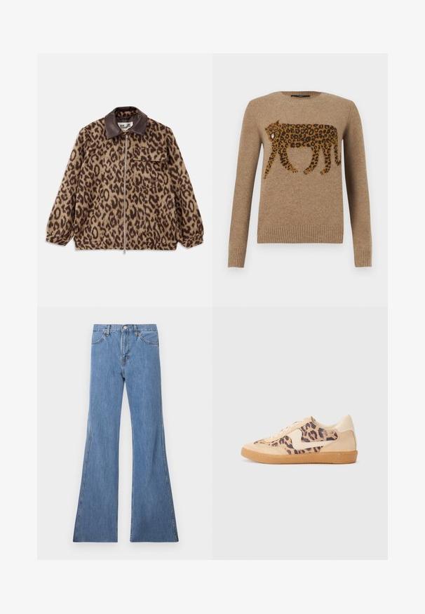 Leopardenmusterjacke mit braunem Lederkragen, vorderem Reißverschluss, elastischen Bündchen und einer Brusttasche. Strukturierter Stoff mit weicher Optik.; Kamel-farbener Strickpullover mit detailliertem Muster eines laufenden Leoparden über der Brust, gerippte Bündchen und Saum, Rundhalsausschnitt.; Hellblaue, ausgestellt geschnittene Jeans mit hoher Taille, die ein klassisches Fünf-Taschen-Design und Kontrastnähte entlang der Nähte aufweisen.; Löwenmuster-Sneaker mit beige Wildleder-Obermaterial, tanfarbener Gummisohle und weißen Akzenten. Runde Zehenform und Schnürdesign mit strukturiertem Finish.