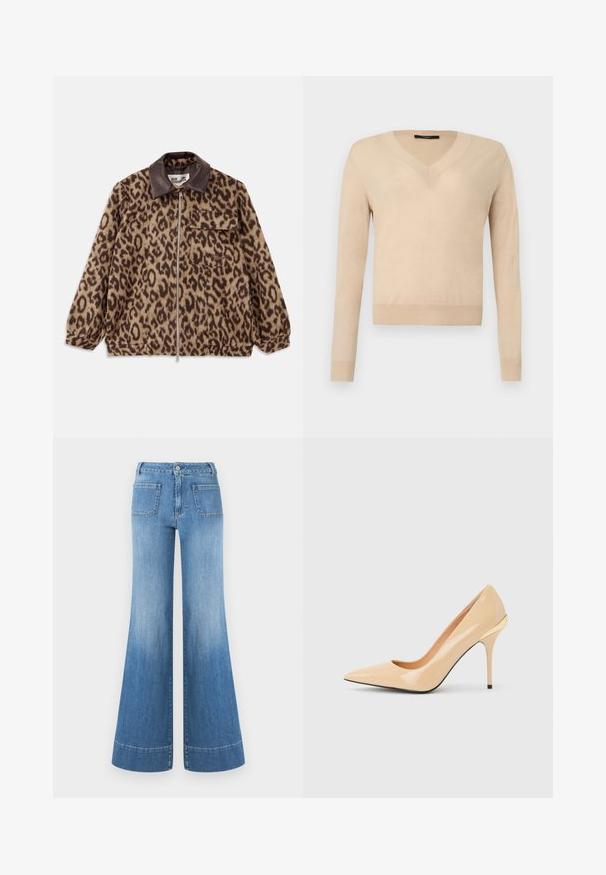 Jaguarprint jakke med krave i brunt læder, frontlynlås, elastiske manchetter og en brystlomme. Struktureret stof med et blødt udseende.; Beige langærmet V-hals sweater med ribbede ærmekanter og kant, ensfarvet strikstof, vist på hvid baggrund.; Lyseblå denim flare jeans med høj talje, med en falmet vask, kontrastsyning og to baglommer. Opkantede flares i bunden.; Beige laklæder pumps med høje hæle, spids tå og slank stiletthæl, med en lille guldaccent bagpå.