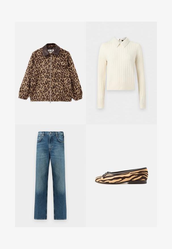 Chaqueta de estampado de leopardo con un cuello de cuero marrón, cierre frontal con cremallera, puños elásticos y un bolsillo en el pecho. Tejido texturizado con un aspecto suave.; Suéter de manga larga en color crema con textura acanalada, cuello puntiagudo adornado con perlas y dobladillo recto.; Pantalones vaqueros de mezclilla con corte recto, lavado azul medio, sutil desgaste, diseño de cinco bolsillos y detalles de herrajes plateados en la parte delantera.; Zapato plano de ballet con estampado de rayas de tigre, ribete negro, pequeño lazo en la parte delantera y tacón bajo apilado sobre fondo blanco.