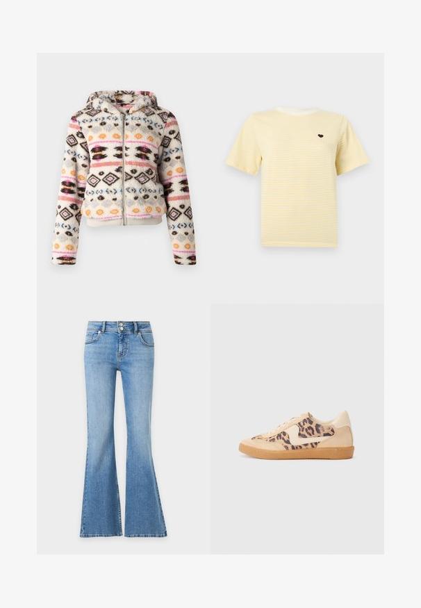 Sweat à capuche en polaire avec fermeture éclair, affichant un motif géométrique coloré en crème, noir, rose, bleu et orange. Comprend une capuche doublée et des poignets côtelés.; T-shirt à manches courtes rayé jaune pâle et blanc avec un petit emblème de cœur sombre sur la poitrine gauche et un col rond.; Jean en denim bleu clair avec jambes évasées, deux poches devant et derrière, et une fermeture taille double bouton.; Baskets en imprimé léopard avec tige en suède beige, semelle en caoutchouc tan et accents blancs. Bout rond et design à lacets avec une finition texturée.