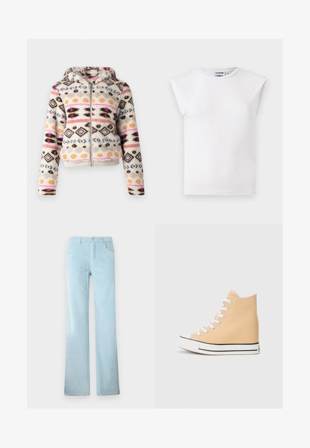 Sweat à capuche en polaire avec fermeture éclair, affichant un motif géométrique coloré en crème, noir, rose, bleu et orange. Comprend une capuche doublée et des poignets côtelés.; Haut blanc sans manches à col rond avec détails matelassés aux épaules, fabriqué en tissu uni, présenté sur un fond neutre.; Pantalon en velours côtelé bleu clair avec coupe droite, fermeture par bouton et poches avant, présenté sur un fond blanc uni.; Baskets montantes en toile pêche clair, avec lacets blancs, semelle en caoutchouc noire et capuchon classique. Présente des accents cousus et un col côtelé.