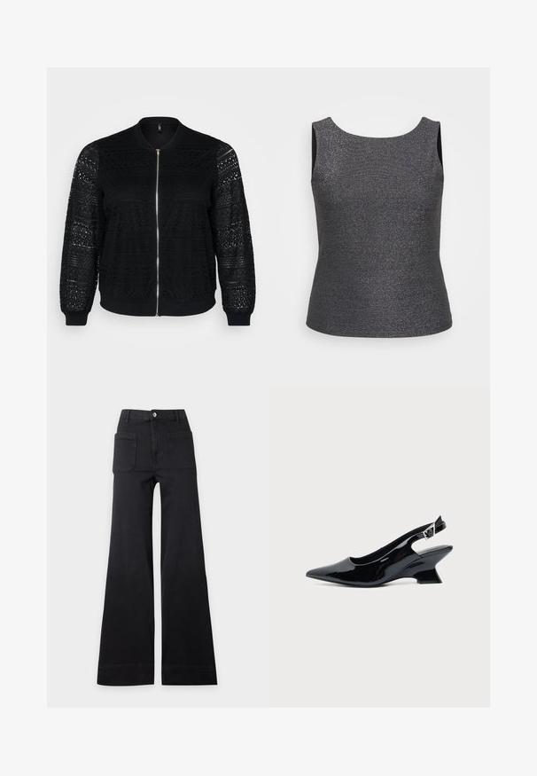 Veste bomber noire avec des détails en dentelle, fermeture éclair, poignets et ourlet côtelés, présentant des motifs intriqués sur les manches et le panneau avant.; Débardeur sans manches en gris foncé avec un éclat métallique, doté d'un col rond et d'une coupe ajustée, fabriqué à partir d'un tissu texturé.; Pantalon noir taille haute à jambes larges avec poches plaquées avant et fermeture par boutons, posé à plat sur un fond clair uni.; Chaussure slingback en cuir verni noir avec bout pointu et petit talon bloc incliné sur fond clair uni.