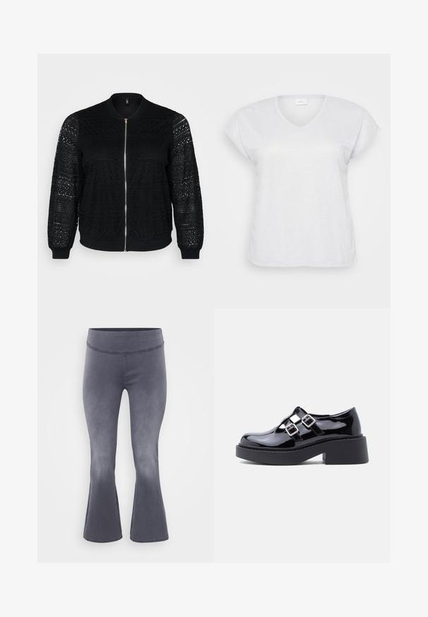 Veste bomber noire avec des détails en dentelle, fermeture éclair, poignets et ourlet côtelés, présentant des motifs intriqués sur les manches et le panneau avant.; T-shirt blanc à manches courtes et en V avec une texture scintillante subtile, offrant une coupe décontractée et sans motifs ni accents visibles.; Pantalons grijs évasés avec une large ceinture. Tissu lisse avec un léger éclat, dégradé du foncé en haut vers le plus clair en bas.; Chaussures à plateforme en cuir verni noir avec talon large, design découpé, et deux boucles argentées sur le dessus du pied. Semelle en caoutchouc plate.