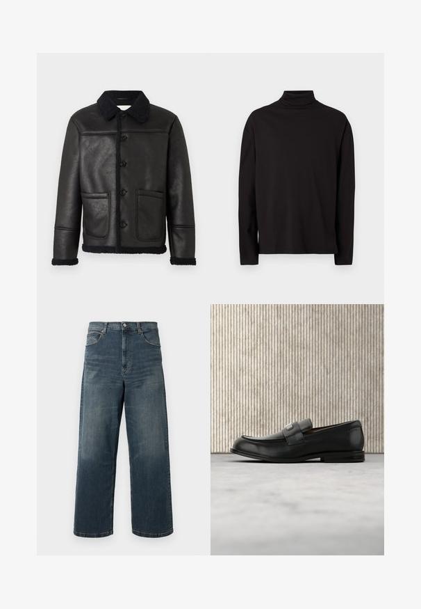 Veste en cuir noir avec un col, quatre boutons sur le devant, deux poches et une bordure en shearling texturé le long des poignets et de l'ourlet.; Haut à col roulé noir à manches longues en tissu doux et lisse, avec une coupe décontractée et sans motifs ni accents visibles.; Jeans en denim à jambes larges de couleur bleu foncé, avec un effet délavé, un design à cinq poches et des coutures robustes. Fermeture à boutons à la taille.; Mocassin en cuir noir avec une plaque de marque en métal reposant près d'une table ronde marron sur un sol recouvert de moquette beige.