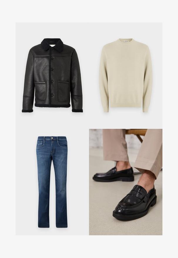 Veste en cuir noir avec un col, quatre boutons sur le devant, deux poches et une bordure en shearling texturé le long des poignets et de l'ourlet.; Pull en maille beige avec un col rond, des manches longues, des poignets côtelés et un motif texturé sur l'ensemble. Convient pour une tenue décontractée.; Jean en denim bleu avec une coupe droite, dotés de poches avant, d'une fermeture à glissière et d'un bouton. Lavage moyen avec une légère décoloration.; Mocassins en cuir noir avec une finition lisse, ornés d'une sangle décorative et de coutures contrastées, associés à un pantalon beige.