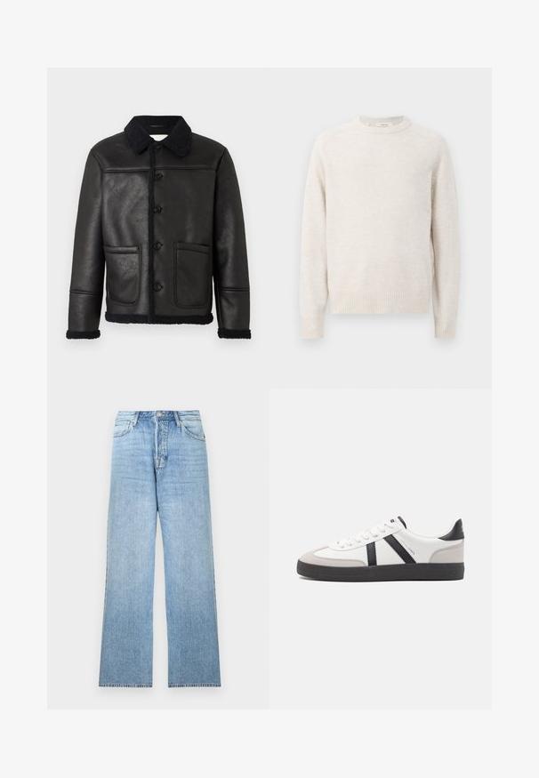 Veste en cuir noir avec un col, quatre boutons sur le devant, deux poches et une bordure en shearling texturé le long des poignets et de l'ourlet.; Pull crème avec un col rond, des poignets et un ourlet côtelés. Texture douce avec un design simple et épuré et des manches raglan.; Jean en denim bleu clair avec coupe droite, fermeture par bouton au sommet, cinq poches et ourlets effilochés.; Baskets blanches avec des accents noirs et gris, présentant un embout texturé gris, une semelle en caoutchouc noir et des lacets plats blancs. Design épuré, style minimaliste.