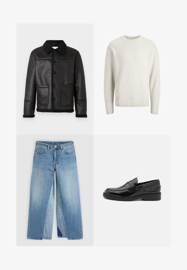 Veste en cuir noir avec un col, quatre boutons sur le devant, deux poches et une bordure en shearling texturé le long des poignets et de l'ourlet.; Pull long uni de couleur crème avec un col rond et des poignets et ourlet côtelés.; Jean droit en denim bleu avec un design classique à cinq poches et une fermeture à boutons à l'avant, présenté à plat sur un fond neutre.; Mocassins en cuir noir avec une finition lisse, un bout rond, un petit talon et descoutures décoratives à l'avant. Semelle en caoutchouc pour l'adhérence.