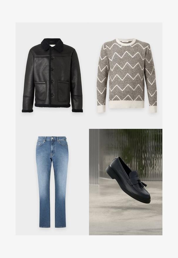 Veste en cuir noir avec un col, quatre boutons sur le devant, deux poches et une bordure en shearling texturé le long des poignets et de l'ourlet.; Pull en gris et blanc à motifs en zigzag, avec un col rond et des poignets et un ourlet côtelés. Fabriqué en maille texturée.; Jean en denim bleu clair avec une coupe droite. Il présente une taille haute, cinq poches et un léger délavage sur les jambes. Ourlet simple.; Mocassins en cuir noir avec une texture lisse, un bout arrondi et des pampilles décoratives à l'avant. Semelle en caoutchouc flexible avec un petit talon.