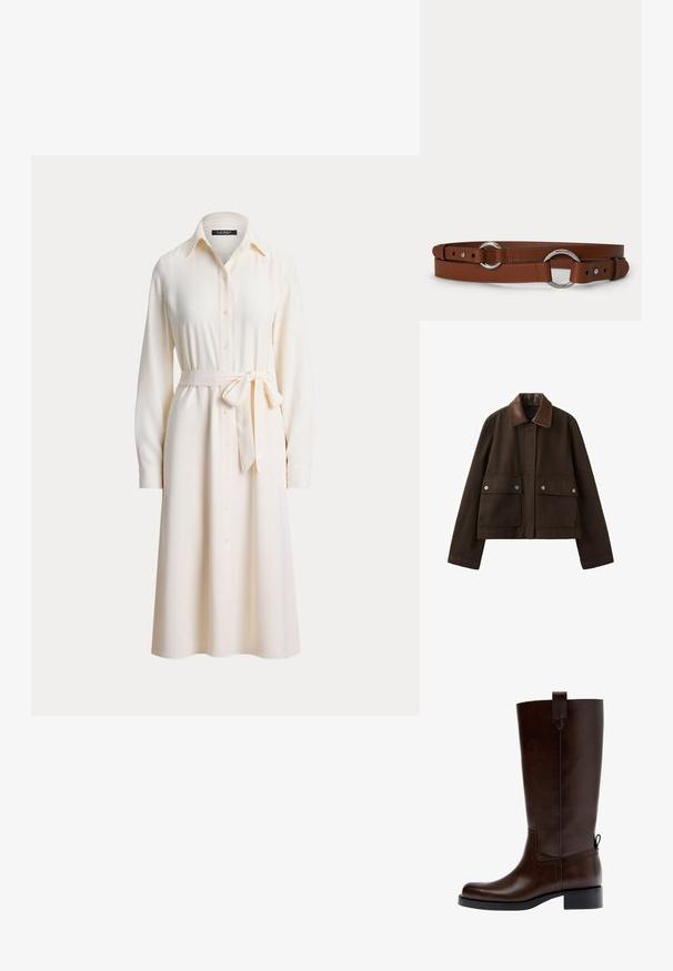 Veste marron foncé avec un col en cuir, une fermeture éclair frontale recouverte par un rabat, et deux grandes poches avant avec boutons-pression.; Robe chemise crème à manches longues avec boutons sur le devant et ceinture nouée à la taille, avec un col pointu.; Botte en cuir marron foncé montant jusqu'au genou avec un petit talon bloc, une languette de traction en haut et à l'arrière, et un bout arrondi, vue de profil.; Ceinture en cuir marron avec des anneaux métalliques circulaires argentés et des trous de boucle réglables sur un fond clair uni.