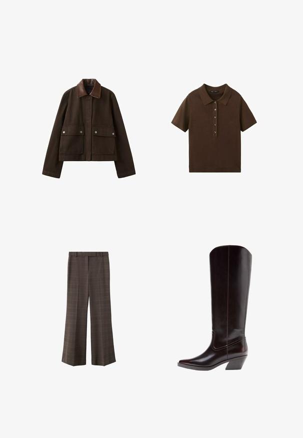 Veste marron foncé avec un col en cuir, une fermeture éclair frontale recouverte par un rabat, et deux grandes poches avant avec boutons-pression.; Polo en maille brun à manches courtes avec cinq boutons sur le devant et un col classique, présenté sur fond blanc.; Pantalons larges marron avec un léger motif à carreaux, passants de ceinture et pli à l'avant, présentés sur un fond blanc.; Botte montante en cuir marron avec un talon léger, un bout pointu, des coutures contrastées et une texture lisse. Présente un design élégant et ajusté.