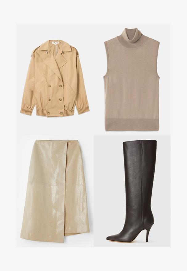 Manteau beige en trench avec fermeture à boutons croisés, épaulettes et poignets élastiqués. Fabriqué en tissu lisse et léger.; Pull à col roulé sans manches en tricot beige avec col côtelé, emmanchures et ourlet, posé à plat sur un fond blanc.; Jupe en simili cuir beige avec un motif serpent texturé et brillant ; dotée d'un design enroulé et d'une fente sur le côté pour plus de détails.; Botte en cuir noire, montée jusqu'au genou, avec un bout pointu, un design épuré et un fin talon haut. Texture lisse et minimalisme des détails.