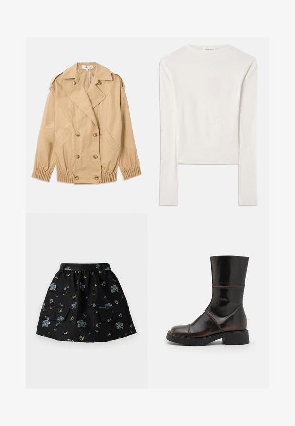 Manteau beige en trench avec fermeture à boutons croisés, épaulettes et poignets élastiqués. Fabriqué en tissu lisse et léger.; Haut à manches longues blanc en coton, dotée d'un col ras du cou simple et d'une coupe ajustée. Le tissu est lisse avec une légère élasticité.; Jupe noire avec une ceinture froncée, deux poches avant et un motif floral dans des tons de bleu et de vert sur un tissu lisse.; MIISTA DAHLIA - Bottes à plateau - brown