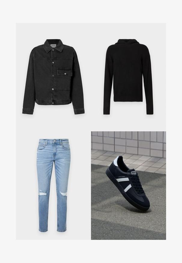 Veste en denim noir avec un bouton frontal, une poche poitrine et un col classique. Présente des coutures visibles et un tissu texturé.; Haut de sweat à capuche noir en tissu doux. Il possède une coupe décontractée, des manches longues, des poignets côtelés et un design simple de couleur unie.; Jean skinny bleu clair avec des patchs usés sur les deux genoux, fermeture à boutons sur le devant et design à cinq poches.; Sneaker en cuir noir avec des rayures blanches, semelle en caoutchouc texturée et devant à lacets. Présente une étiquette de marque sur la languette.
