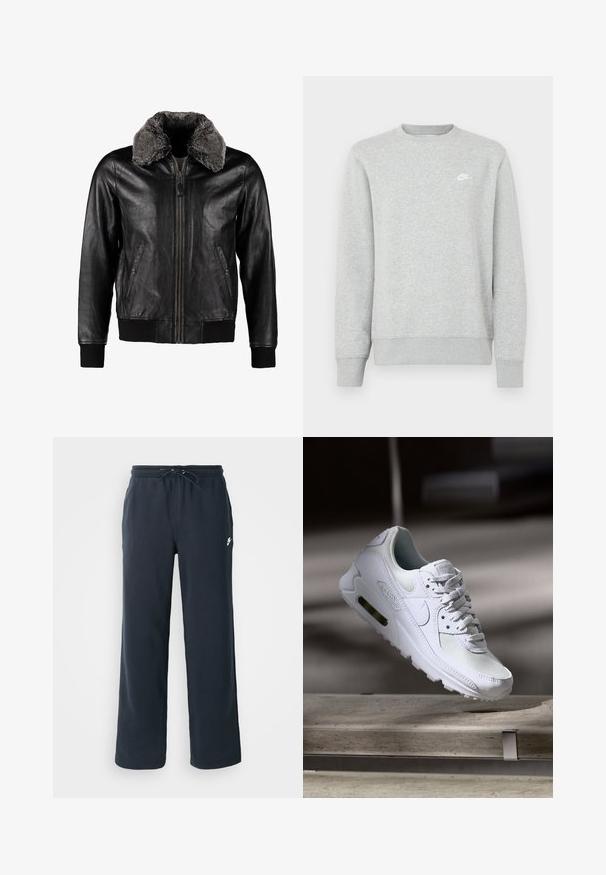 Schott Kožená bunda - black; Sivá mikina z mäkkého fleecového materiálu, s rebrovanými manžetami a lemom, s malým bielym logom Nike na hrudi.; Tmavomodré tepláky s elastickým pásom a šnúrkou. Vyrobené z mäkkej látky, s malým bielym logom na ľavom boku.; Biele tenisky Nike Air Max 90 s vrchnou časťou z kože a sieťoviny, perforovanou špičkou a viditeľnou vzduchovou jednotkou v päte.