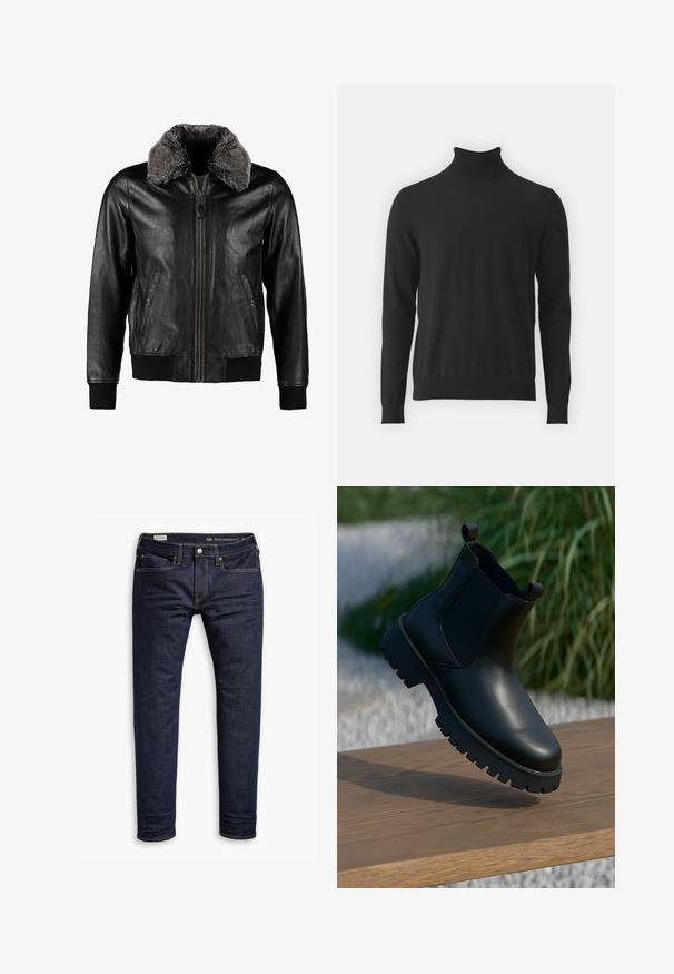 Schott Veste en cuir - black; Pull en col roulé noir en tissu doux, doté de manches longues et d'un col côtelé, avec une texture lisse et une coupe ajustée.; Jean en denim bleu foncé avec une coupe slim, présentant des coutures orange, un design à cinq poches et des accessoires en métal. Texture lisse, sans motifs.; Bottes en cuir noir à la cheville avec panneaux latéraux élastiques, bout rond et semelle épaisse, exposées sur une surface en bois.