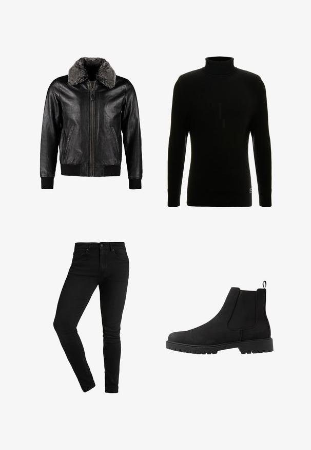 Schott Chaqueta de cuero - black; Suéter negro de cuello alto con mangas largas, textura acanalada, silueta ajustada y pequeña etiqueta de la marca en la parte inferior izquierda.; Jeans skinnies negros de denim, con un diseño clásico de cinco bolsillos, cierre de botón y detalles de costura mínimos.; Pier One UNISEX - Botines - black