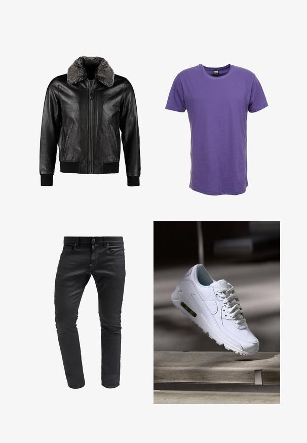 Schott Leren jas - black; Paars T-shirt met korte mouwen, gemaakt van zachte katoen, met een klassiek ronde halsontwerp en een gladde textuur zonder patronen of accenten.; Zwarte denim jeans met een slim fit, voorzien van een ritssluitingen, vijf-pocket ontwerp en subtiele textuur voor een verfijnde uitstraling.; Witte leren sneaker met gestructureerde oppervlakken, gevoerde kraag en zichtbare luchtbescherming in de zool. Heeft veters en een minimalistisch ontwerp.