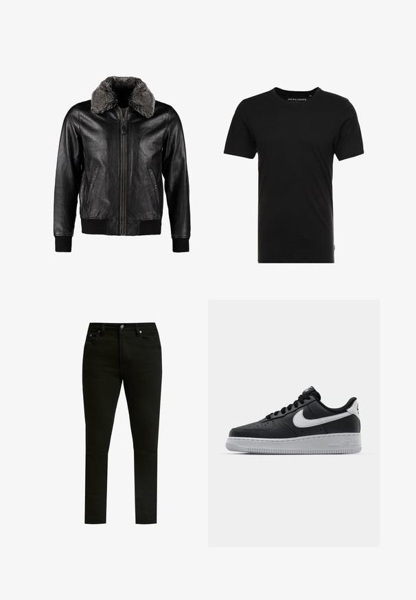 Schott Leren jas - black; Zwarte T-shirt met korte mouwen, gemaakt van katoen, met een ronde hals en een subtiele logotag aan de zijkant. Eenvoudig en veelzijdig ontwerp.; Zwarte spijkerbroeken met een slim fit, voorzien van een klassiek vijf-pocket ontwerp, metalen knoopsluiting en subtiele stikdetails.; Zwarte lederen sneaker met een textuur oppervlak, witte Nike swoosh, grijze zool, ronde neus en vetersluiting. Bevat perforaties op de neus.