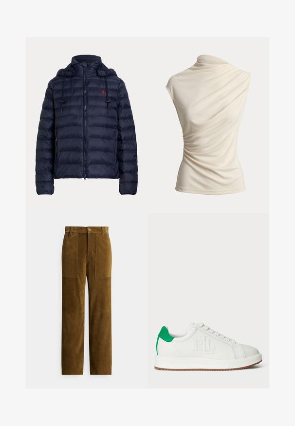 Marineblaue gesteppte Steppjacke mit Kapuze, Frontreißverschluss, Seitentaschen und rotem Sticklogo auf der linken Brust.; Ärmelloses Oberteil in Cremefarbe mit asymmetrischem drapiertem Ausschnitt und gerafftem Seitendetail, auf einfachem Hintergrund dargestellt.; Braune Wildlederhosen mit geradem Schnitt, ausgestattet mit zwei aufgesetzten Taschen vorne und einer glatten Textur. Knopfverschluss an der Taille.; Weiße Low-Top-Sneaker mit grünem Wildleder-Fersenteil, gesticktem "RL"-Logo an der Seite, weißen Schnürsenkeln und brauner geriffelter Sohle.