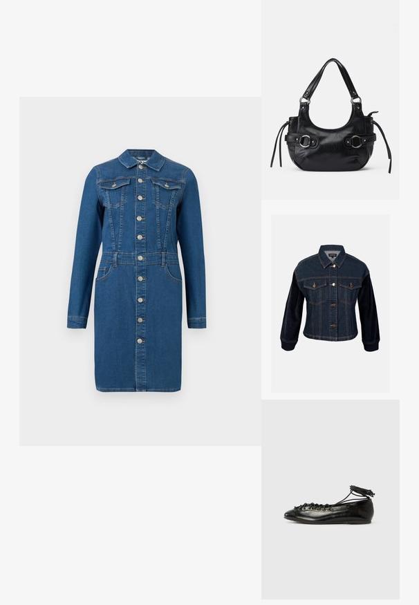 Chaqueta de denim con mangas de pana, azul oscuro, que presenta dos bolsillos en el pecho, botones dorados y un contraste de texturas en las mangas.; Vestido azul de mezclilla de manga larga con cuello, cierre frontal con botones, bolsillos en el pecho y las caderas, y detalles de costura en la cintura ajustada.; Zapatos planos tipo ballet de charol negro con punta redondeada, diseño con cordones y suela plana. Textura lisa con detalles mínimos.; Bolso de cuero negro con forma redondeada, que cuenta con dos hebillas laterales, textura suave y una correa corta para el hombro. Los detalles incluyen borlas laterales.