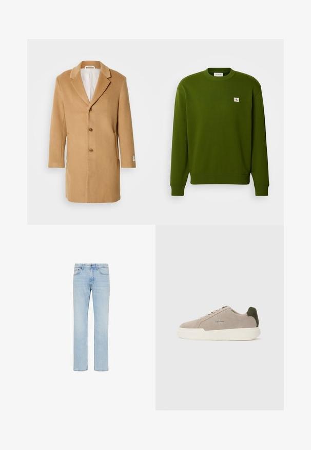 Manteau en laine beige avec un col cranté, un devant à boutonnage simple, trois boutons et des poches latérales. Texture lisse et design de longueur intermédiaire.; Sweatshirt en coton vert avec col rond, manches et ourlet côtelés. Présente un petit logo brodé dans le coin supérieur gauche.; Jean denim bleu clair coupe droite avec bouton sur le devant, fermeture éclair et design cinq poches, présenté sur fond blanc.; Baskets en suède beige avec une semelle en caoutchouc blanche, présentant un accent de talon vert foncé et une branding subtile sur le côté.