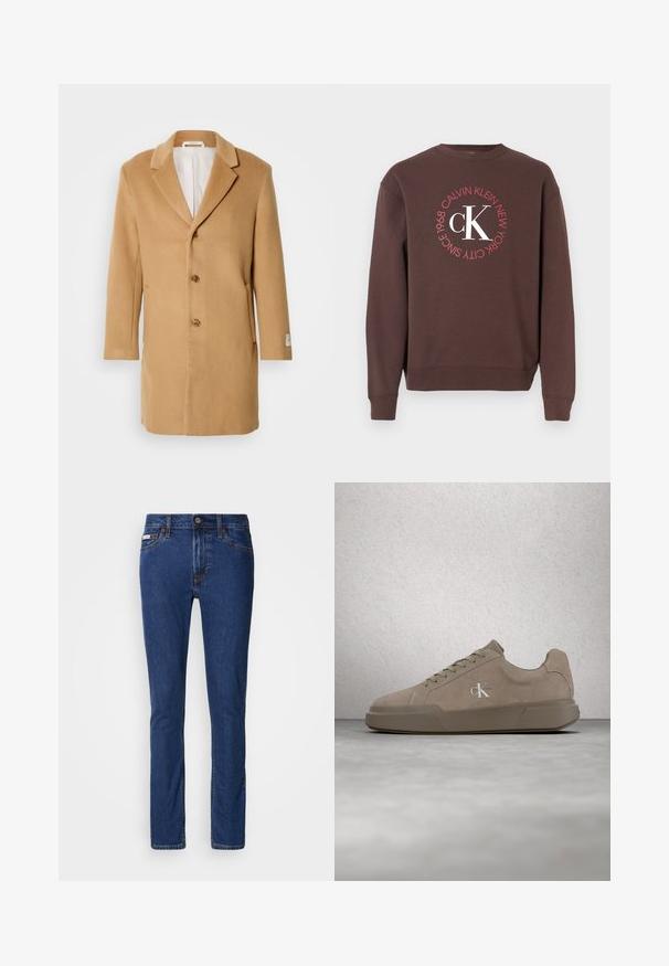 Manteau en laine beige avec un col cranté, un devant à boutonnage simple, trois boutons et des poches latérales. Texture lisse et design de longueur intermédiaire.; Sweat-shirt marron à manches longues, col rond, avec un graphisme circulaire blanc et rouge affichant « Calvin Klein New York 1968 » et « CK ».; Jean bleu foncé en denim, avec une coupe slim, taille normale, design à cinq poches et détails de surpiqûres contrastants.; Baskets en daim beige avec lacets et logo "ck", présentées en suspension au-dessus d'un sol en béton poli avec un mur en blocs de verre en arrière-plan.