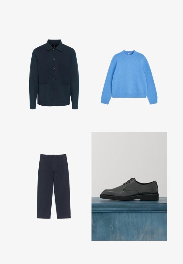 Mørkeblå jakke lavet af bomuld, med kraveudskæring, knapfront og to forlommer. Glat tekstur og minimalistisk design.; Lyseblå strikket rundhalset sweater med lange ærmer og ribstrikkede manchetter og søm, lagt fladt på en hvid baggrund.; Mørkeblå chinos lavet af bomuld. Straight-leg design med talje i mellemhøjde, der har en skjult lynlås og bæltestropper. Glat tekstur uden mønstre.; Sorte læder snørebåndssko med en glat overflade, rund tå og gummisål. Minimalistisk design, ingen synlige mønstre eller logoer.