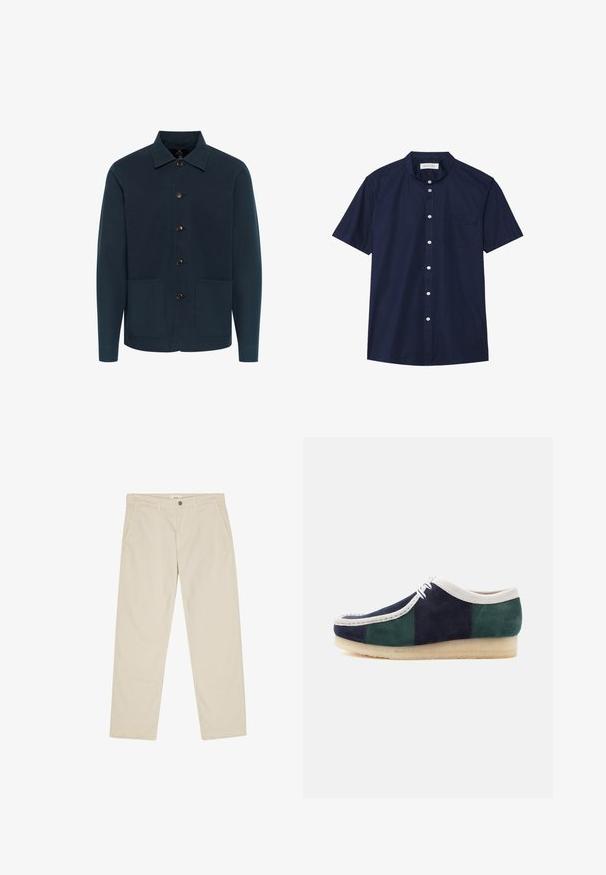 Mørkeblå jakke lavet af bomuld, med kraveudskæring, knapfront og to forlommer. Glat tekstur og minimalistisk design.; Kortærmet, marineblå skjorte med knapper og mandarin-krave, enkelt brystlomme og en glat stofstruktur. Hvide knapper tilføjer kontrast.; Beige bukser med lige ben, knap- og lynlås lukning, bæltestropper og forlommer i siderne.; Herres tofarvet ruskind fritidssko med marineblå, grønne og hvide paneler, hvide snørrebånd og beige crepe-sål, vist fra siden på en hvid baggrund.
