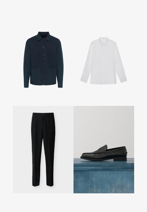 Chaqueta de color azul marino hecha de algodón, con cuello y botones en el frente, y dos bolsillos frontales. Textura suave, diseño minimalista.; Camisa blanca de manga larga hecha de tela suave, con cuello puntiagudo, cierre frontal de botones y puños de un solo botón.; Pantalones negros a medida de talle alto con trabillas para cinturón, pinzas delanteras, bolsillos laterales y cierre de botón y cremallera.; Mocasines de cuero negro con un diseño elegante, que presentan una puntera cosida y un acabado suave. El zapato tiene un tacón bajo y detalles mínimos.