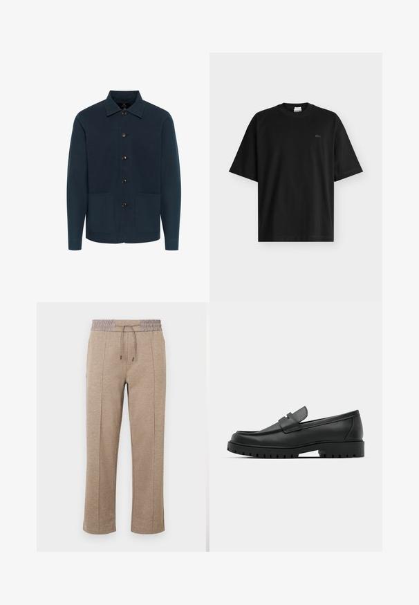 Mørkeblå jakke lavet af bomuld, med kraveudskæring, knapfront og to forlommer. Glat tekstur og minimalistisk design.; Sort oversized T-shirt med korte ærmer, rund halsudskæring og lille broderet logo på venstre bryst.; Lysebrune bukser med afslappet pasform, elastisk linning og snøre. Glat tekstur med sidesøm-detaljer og tilspidsede benåbninger.; Sorte læder loafers med rund tå, der har et syet design, lav platformssål og en struktureret, skridsikker gummisål.