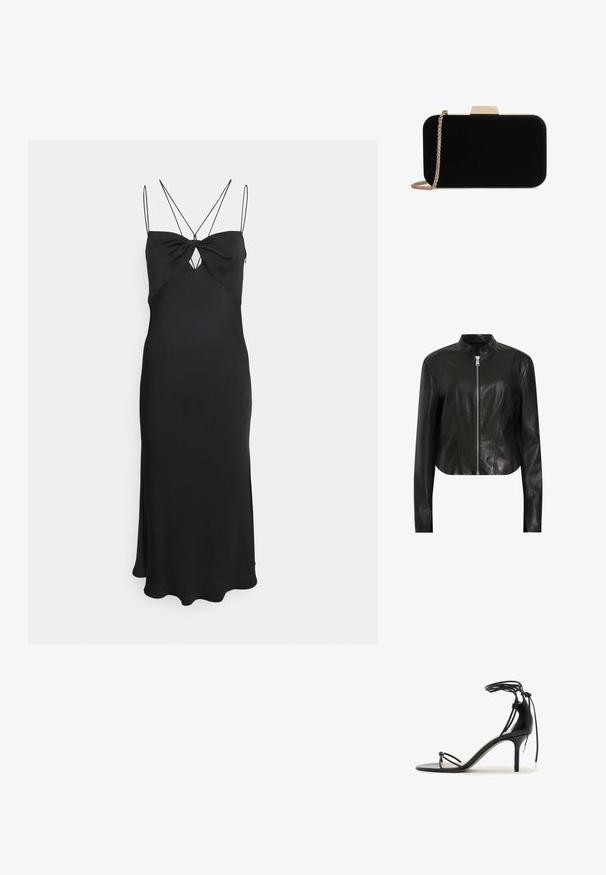 AllSaints SADLER - Δερμάτινο μπουφάν - black; Calvin Klein MICRO STRAP TWIST SLIP DRESS - Cocktail φόρεμα / Φόρεμα για πάρτι - black; Μαύρο σανδάλι με ψηλό τακούνι, λεπτά λουράκια, δέσιμο στο αστράγαλο και μεσαίου ύψους τακούνι στιλέτο σε λευκό φόντο.; Μαύρη βελούδινη τσάντα χερούλι με χρυσές λεπτομέρειες, ορθογώνιο σχήμα και αλυσίδα, με λεία υφή και χωρίς ορατά σχέδια.