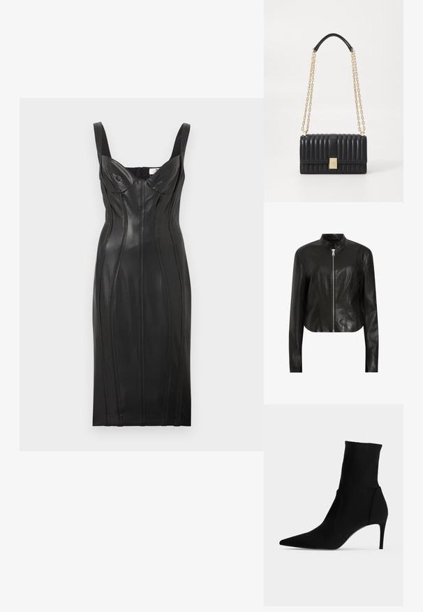 AllSaints SADLER - Chaqueta de cuero - black; Vestido midi ajustado de piel sintética negra con tirantes anchos, detalles de costuras y escote corazón.; Botín negro hasta el tobillo con punta afilada y tacón alto y delgado, mostrado de perfil sobre un fondo claro. Diseño elegante y minimalista.; Bolso de mano de cuero negro con diseño acolchado, cadena dorada y correa de cuero para el hombro, forma rectangular, con un detalle metálico en el cierre.