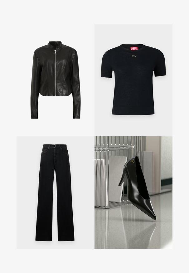 AllSaints SADLER - Læderjakker - black; Sort kortærmet T-shirt med rund hals, lavet af blødt stof, med en rund sølvdetalje nær halsudskæringen og et rødt mærke.; Sorte, vide jeans i denim med knaplukning foran, fem lommer og et lille logopatch på linningen.; Sort højhælet sko med spids tå og guldlogo, placeret på en reflekterende overflade nær en krom trådfilholder med dokumenter.