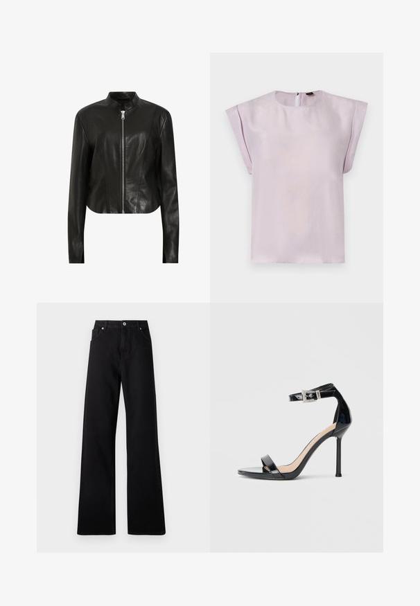 AllSaints SADLER - Δερμάτινο μπουφάν - black; Μπλούζα από λιλά μεταξωτό ύφασμα με στρογγυλή λαιμόκοψη, κοντά ριχτά μανίκια και κλείσιμο στην πλάτη με άνοιγμα. Ομαλή υφή με μίνιμαλ σχεδιασμό.; Μαύρα τζιν παντελόνια φαρδιάς γραμμής από ντένιμ με πέντε τσέπες, κλείσιμο μπροστά με κουμπί και διακριτές ραφές.; Μαύρο σανδάλι με ψηλό τακούνι από δερμάτινο πατέντα, με λουράκι στο αστράγαλο. Διαθέτει μινιμαλιστικό σχεδιασμό, ανοιχτή μύτη και αγκράφα διακοσμημένη με στρας.