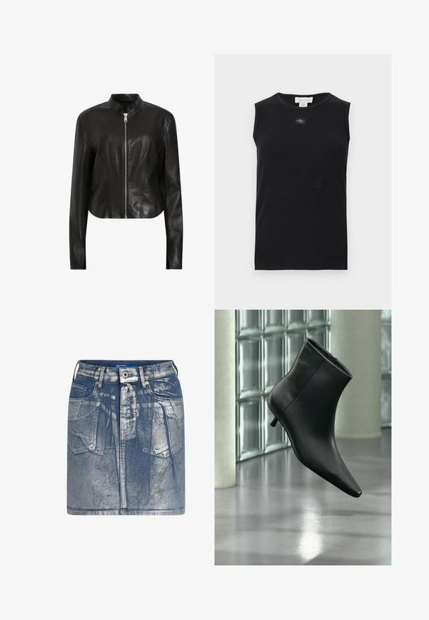 AllSaints SADLER - Veste en cuir - black; Débardeur côtelé noir sans manches avec encolure ronde et petite écusson du logo Calvin Klein centré sous le col.; Jupe en denim mini de couleur bleu clair avec une texture décolorée. Présente des poches avant, des passants de ceinture et une fermeture à bouton en métal. Détails de couture visibles.; Bottine en cuir noir à bout pointu et petit talon kitten, présentée en angle devant un sol poli et un mur en blocs de verre.