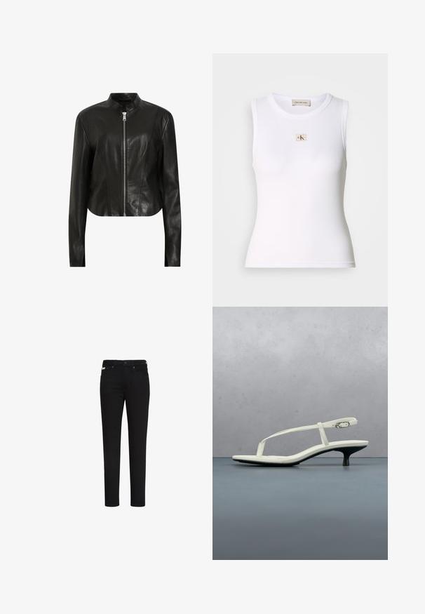 AllSaints SADLER - Veste en cuir - black; Débardeur blanc côtelé sans manches avec étiquette Calvin Klein Jeans sur la poitrine et étiquette intérieure au niveau du cou.; Jean noir slim avec bouton et fermeture éclair à l’avant, avec poches avant et arrière et une petite étiquette sur la poche avant droite.; Sandale blanche à talon kitten avec des lanières et un bout pointu, flottant au-dessus d'un sol en carrelage en bois en plein air avec un arrière-plan flou de plante et de mur.