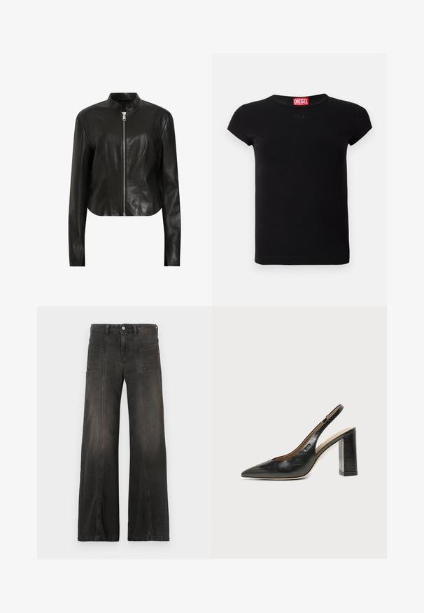 AllSaints SADLER - Leren jas - black; Zwarte korte mouwen fitted t-shirt met ronde halslijn en rood Diesel logo label binnenin de kraag.; Zwarte denim jeans met wijde pijpen en een vervaagde afwerking, voorzien van twee zakken aan de voorkant en gestikte details langs de naden. Hoge taille.; Zwarte leren slingback schoen met spits toelopend neusje, hoge blokhak en beige binnenvoering tegen een effen lichte achtergrond.