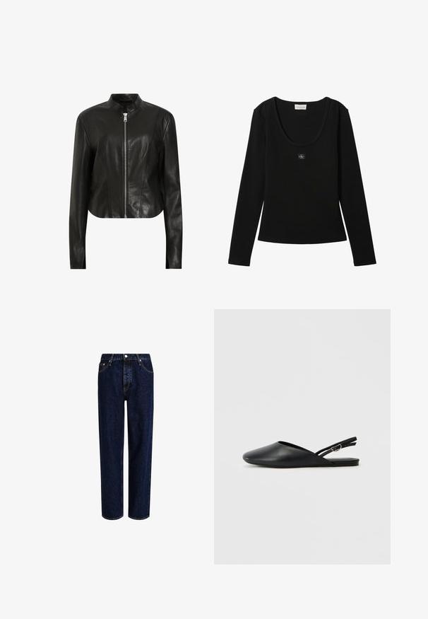 AllSaints SADLER - Chaqueta de cuero - black; Top negro de manga larga acanalado con escote redondo y pequeño parche con el logo de Calvin Klein centrado en el pecho.; Jeans de mezclilla azul oscuro con un diseño de pierna recta, que presentan una cintura alta, estilo de cinco bolsillos y costuras en contraste. Sin adornos.; Zapatos de cuero negro tipo slingback con punta afilada, diseño curvado y correa ajustable con hebilla. Textura suave, suela plana y detalles mínimos.
