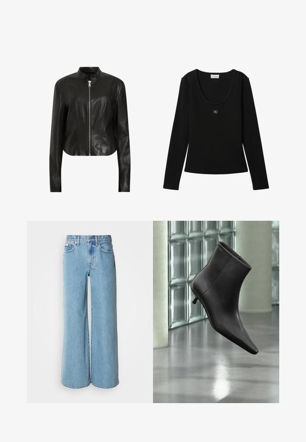 AllSaints SADLER - Leren jas - black; Zwarte geribde top met lange mouwen, ronde halslijn en klein Calvin Klein-logo patch in het midden van de borst.; Lichtblauwe wijde jeans van denim, met een hoge taille, vijf pockets en subtiele vervaging langs de stof.; Zwarte leren enkellaars met puntige neus en lage hak, afgebeeld tegen een glazen blokkenmuur en gepolijste vloer op de achtergrond.
