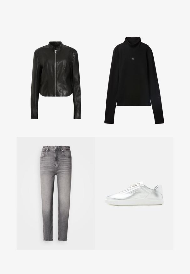 AllSaints SADLER - Chaqueta de cuero - black; Top negro de cuello alto acanalado de manga larga con un pequeño parche cuadrado con el logo de Calvin Klein centrado en el pecho.; Jeans de tiro alto y corte ajustado en gris con detalles desgastados, cierre con botón frontal, pasadores para cinturón y diseño de cinco bolsillos sobre un fondo blanco.; Zapatilla baja metálica plateada con suela y cordones blancos, textura suave y discreto logotipo en relieve en el lateral.