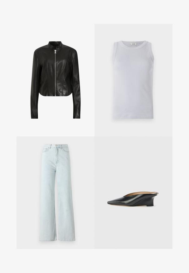 AllSaints SADLER - Chaqueta de cuero - black; Top de tirantes de color azul claro con un escote redondeado. Textura suave y diseño sin mangas, con una etiqueta de marca sutil en el escote.; Jeans de pierna ancha de un azul claro con cintura alta, hechos de tela de mezclilla. Cuenta con un cierre de botón y cremallera, además de bolsillos frontales.; Zapato cuña de charol negro con punta puntiaguda y talón descubierto, con un diseño elegante y curvado de estilo minimalista.