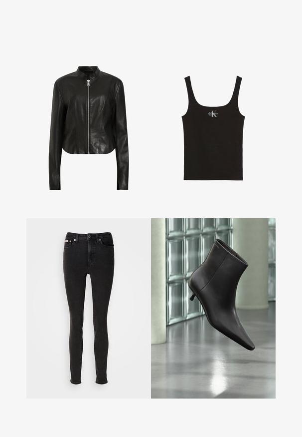 AllSaints SADLER - Læderjakker - black; Sort ribbet tanktop med brede stropper og Calvin Klein-logo i hvid på brystets midte, sat mod en hvid baggrund.; Sorte skinny jeans lavet af denim med en glat tekstur, der har fem-lomme-design, bæltestropper og lukning med metalknap.; Sort læderankelstøvle med spids tå og lille hæl vist mod en væg af glasblokke og poleret gulv baggrund.